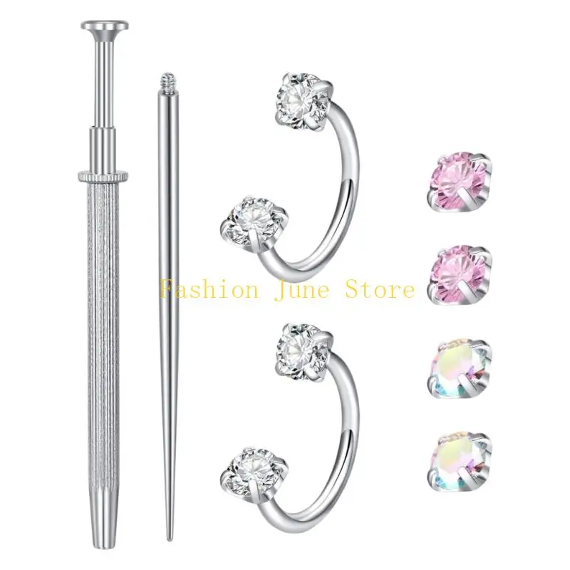 N5KA 8PCS Premium Body Piercing Tool Set with Nose Rings with Cubic Zirconia in Multiple Shapes Suitable for Unique