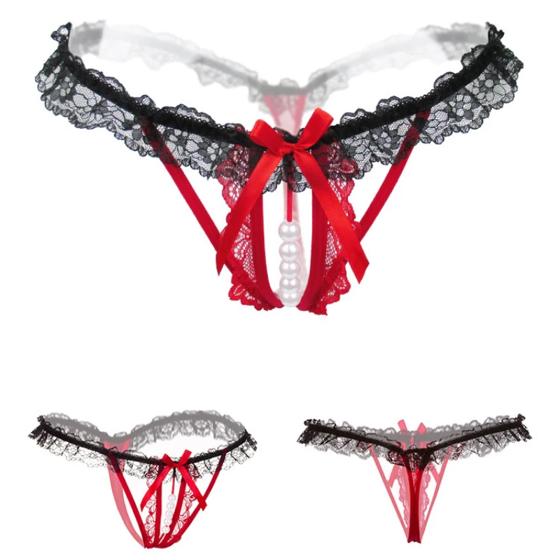 

Sexy Women's Thong Bowknot Crotchless Lace Briefs Hollow Out Pearl Massage Panties Seductive G-String Elastic Crotch Opening