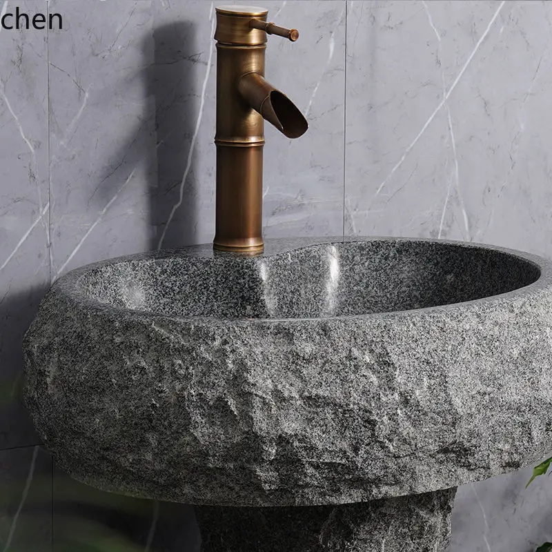 HT Natural Stone Pillar Basin Retro Art Wash Basin Courtyard Garden Water Pool Outdoor Original Stone Wash Basin