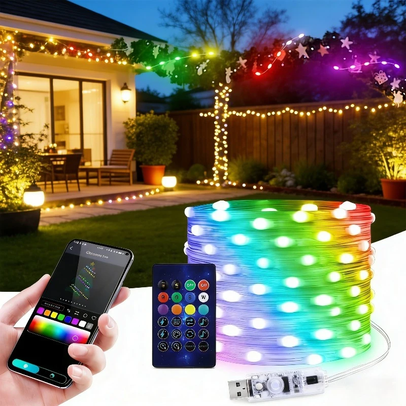 Smart Fairy Lights RGB-IC Dynamic Multicolor Twinkle Lights Color Changing LED String Lights APP Remote Control for Party Decor