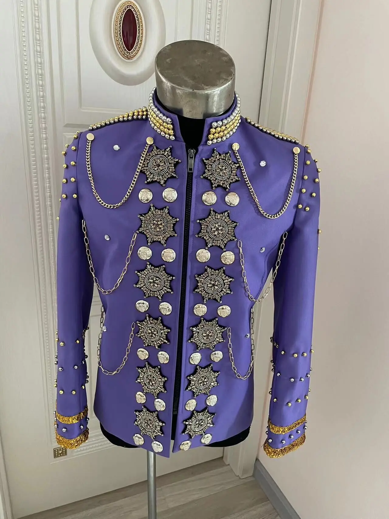 

New Purple Handmade Rhinestone Royal Jacket Men's Stage Show Dance Costumes Nightclub bar DJ singer Performance Outfit