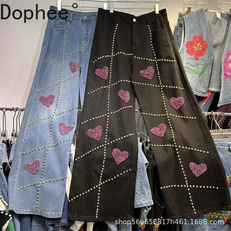 

Fashionable Streetwear Rivet Love Diamonds Straight Jeans Women New Autumn High Waist Wide Leg Pants All-match Casual Trousers