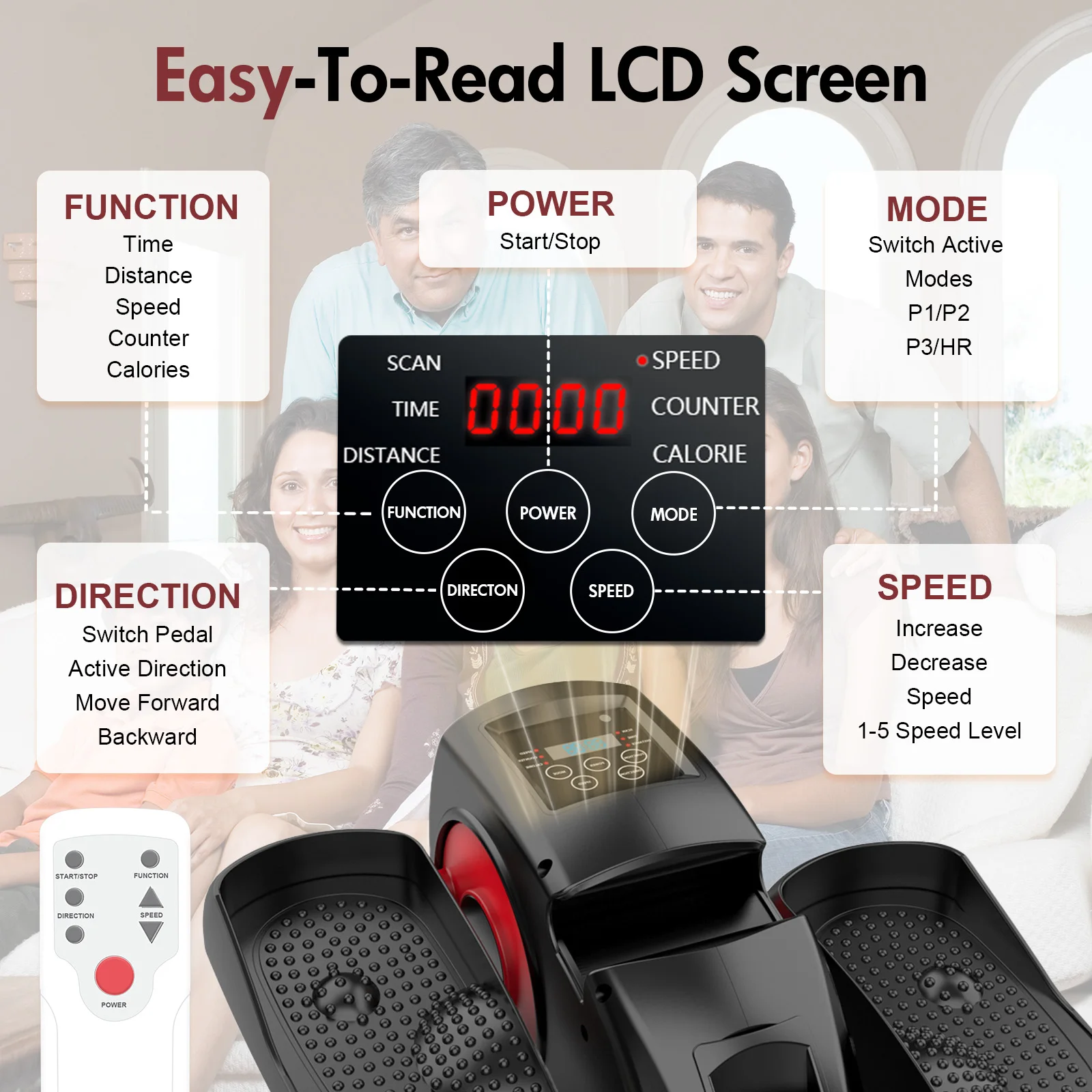Portable Under-Desk Elliptical Machine 12-Speed Adjustable Remote Control Seated Pedal Exerciser for Seniors Pre-Installed
