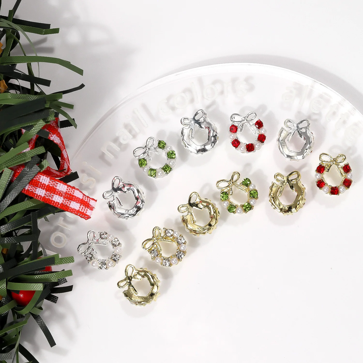 10PCS Luxury Alloy Christmas Nail Art Decoration Rhinestone Pearl Wreath Charms Bow Garland Nail Accessories Supplies Products