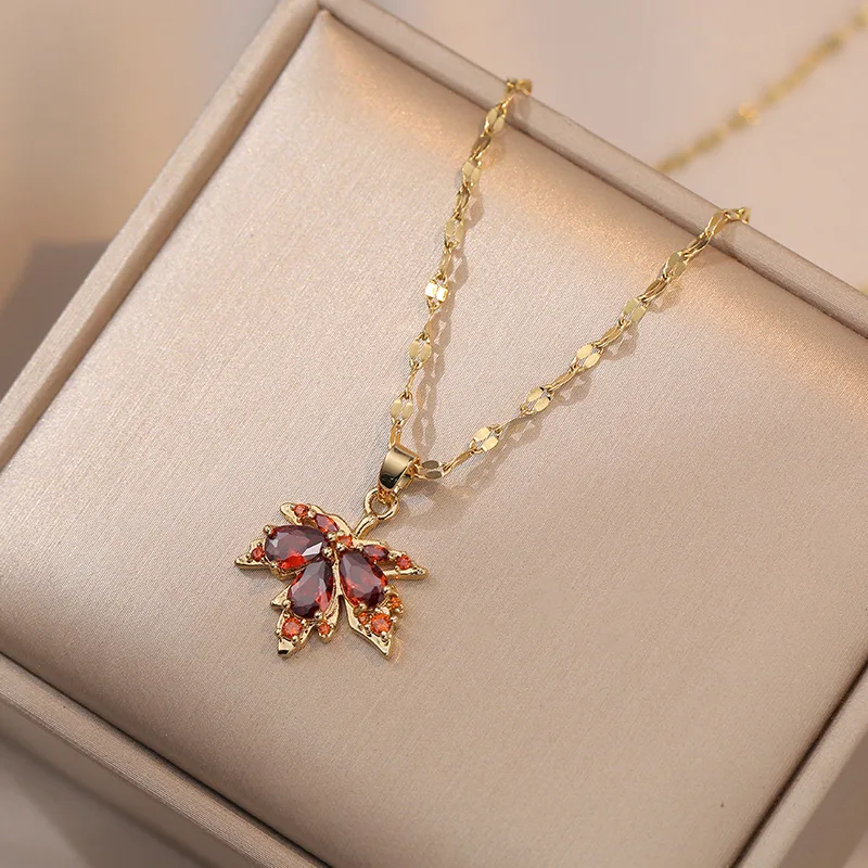 316L Stainless Steel Red Maple Leaf Crystal Pendant Necklace For Women Girl New Trend Clavicle Chain Jewelry Gift Party