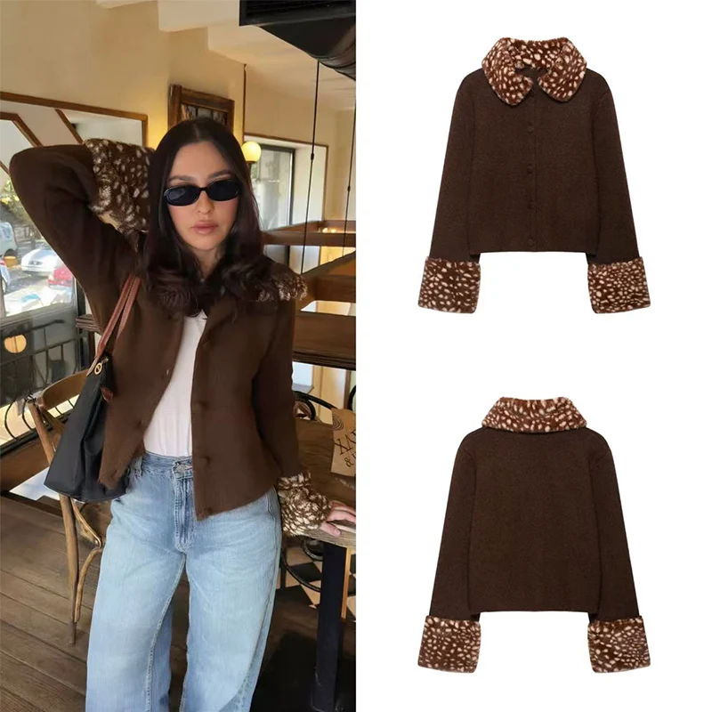 Guobioziy Women French Style Vintage Knit Coat Button Down Short Jacket Faux Fur Collar Cuffs Patch Pockets Autumn Chic New