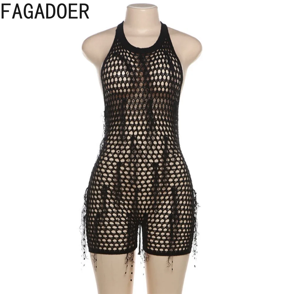 FAGADOER-Combinaisons en tricot à pampilles pour femmes, hipster sexy, dos nu transparent, camisole à licou, barboteuse noire, barboteuse rose, fête de nuit