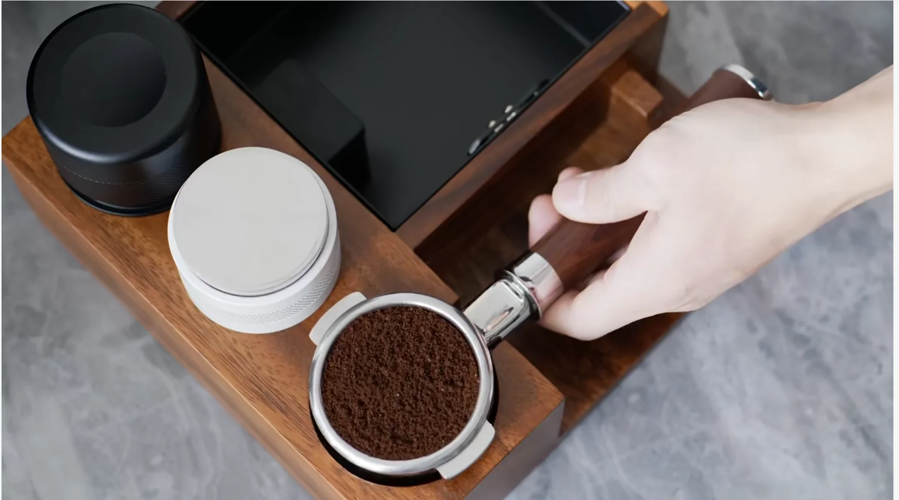 

IKAPE V3 Espresso Knock Box, Espresso Coffee Organizer Box, Pure Natural Walnut Base with Special Portafilter Basket Station