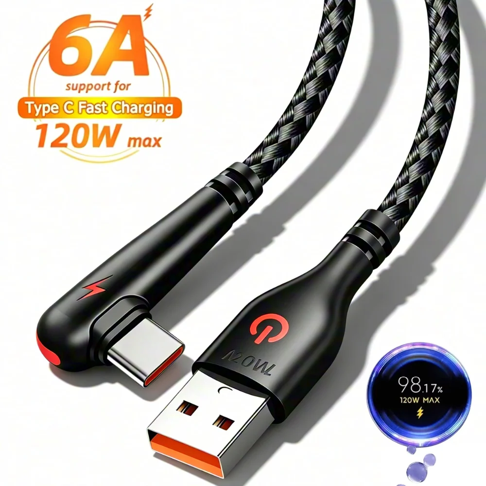 120W USB C 90° Elbow Data Cable Type C Fast Charging Mobile Phone Wire For Samsung Xiaomi Huawei Honor USB-C Quick Charge Cord