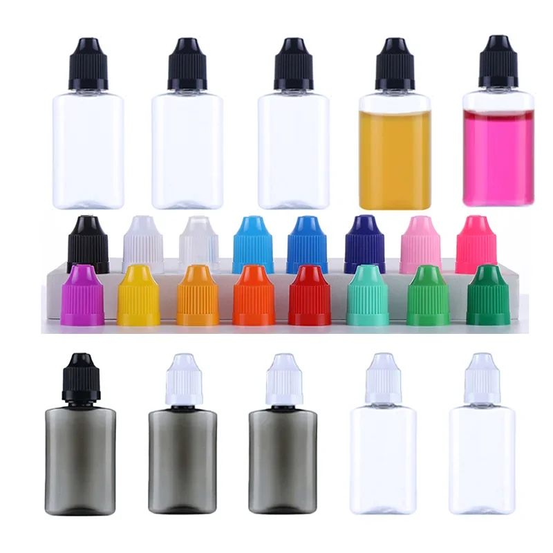 

30pcs 30ml Clear/Black Empty Plastic PET Square Flat Dropper Bottles Long Tip Cap Liquid Dropper Squeezable Refillable Bottles