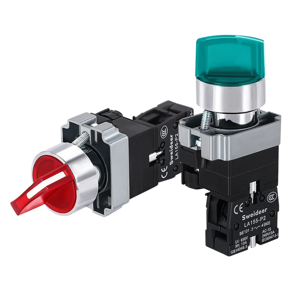 JRBJWYVV LA38-11XD/2 Drehdruckschalter mit Lampe 22 mm 2 Positionen 3 Positionen verriegelnde LED-Knopfschalter Mehrfarbig Optional (Color : Red-2 Position, Size : 24V