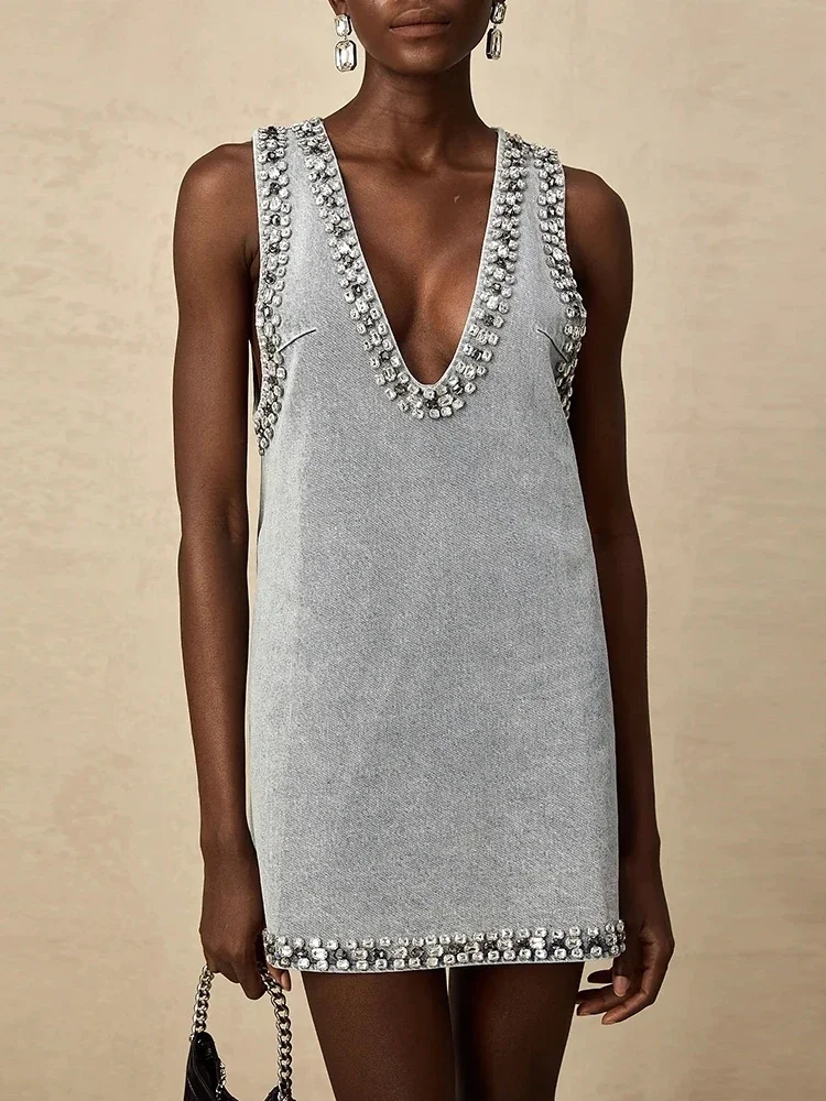 Minivestido vaquero Sexy con cuello en V y diamantes brillantes para mujer, vestidos sueltos de cristal sin mangas, vestidos de cóctel para fiesta de noche