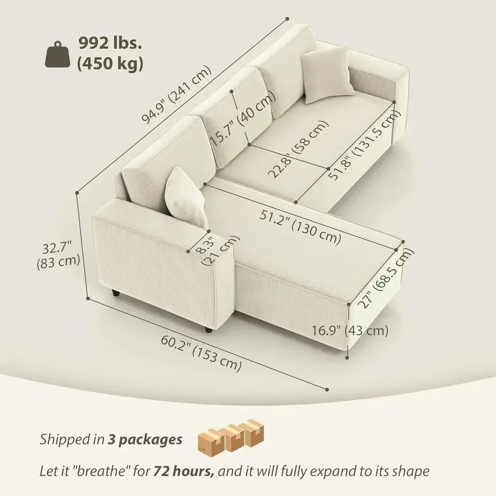 Reversible Chaise Sectional Sofa, L-Shaped, Corduroy Fabric, Cushioned, 3-Seat, Cream