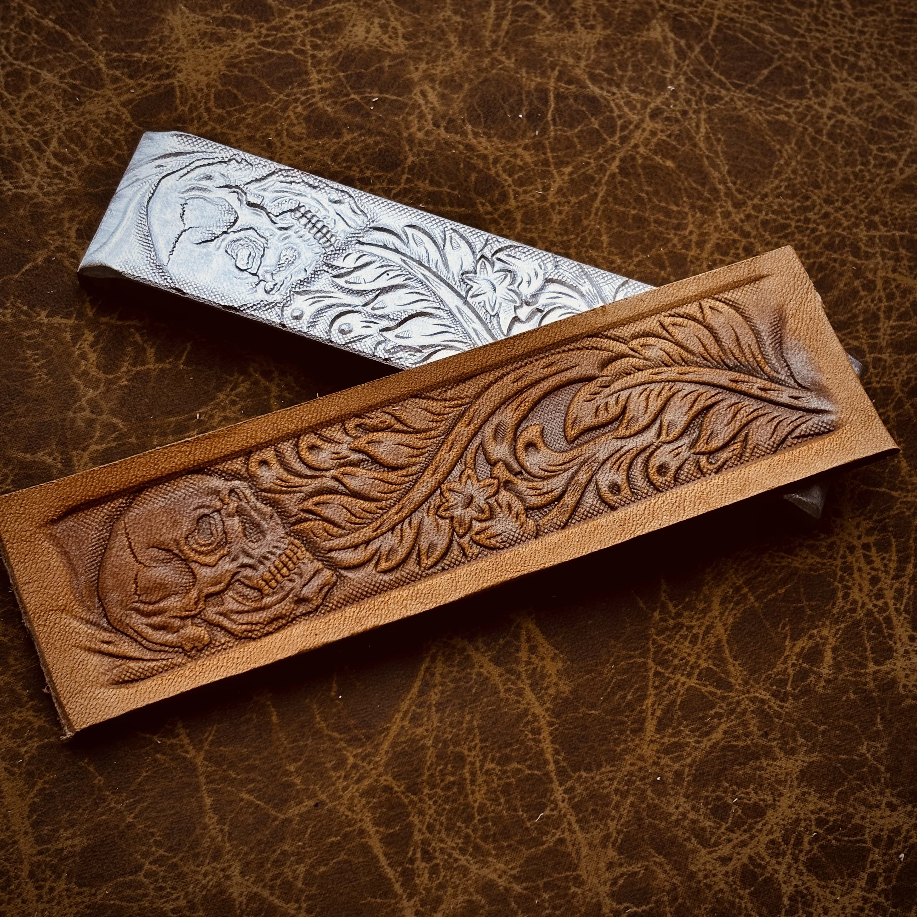 3D Skull Floral Design Leather Embossing Mold Carving Belt Stamp Vintage Craft Tool Cold Press Molding Hydraulic Pressure