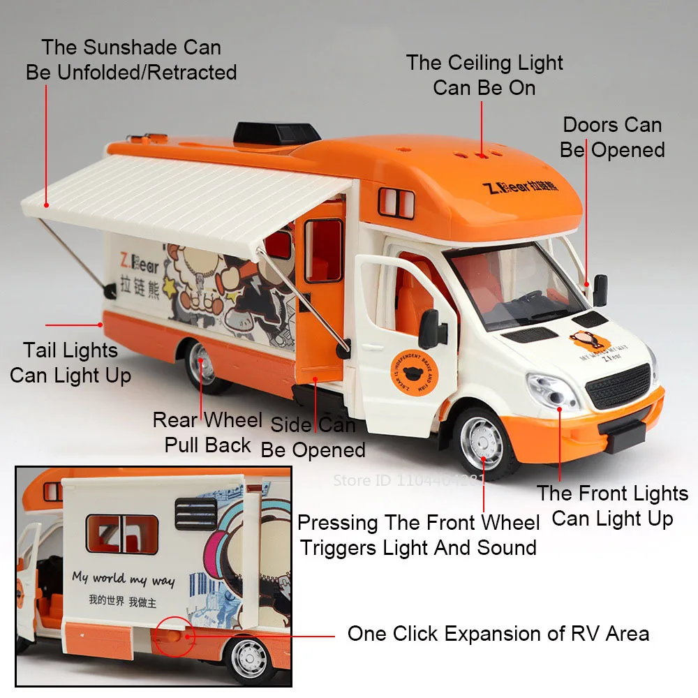 1:32 Legering Camping Auto Toeristische RV Model Diecast Speelgoed Auto's met Geluid Licht Trek Deuren Geopend Voertuig Kinderen Verjaardagscadeau