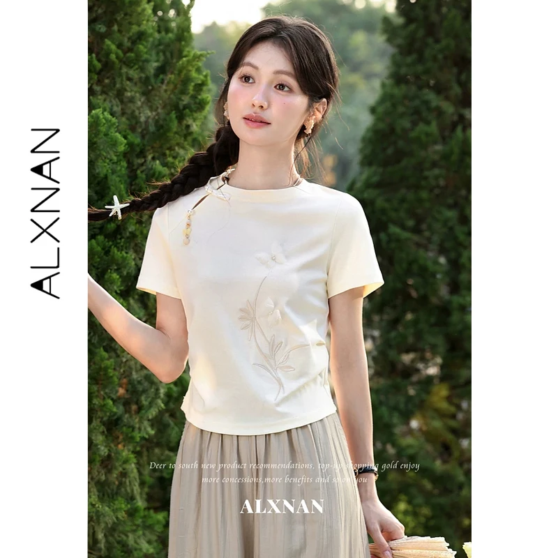 

ALXNAN Chinese Style T-shirt Round Neck Butterfly Embroidery Short Sleeve Top Oblique Placket Frog Button Tassel Decor L63728