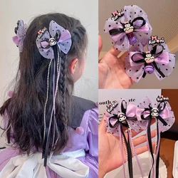 1/2PCS Sanrio Kawaii Lolita Kuromi Bow Ribbon Hair Clip Cartoon Anime Tassel Purple Hairpin Hair Accessories Girls Headwear