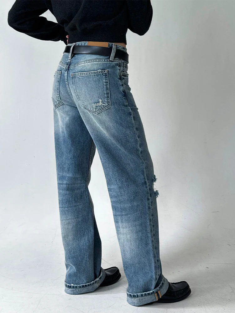 

SpenPack Street Style Vintage Washed Cotton Straight Leg Loose Fit Jeans Distressed Denim Long Trousers for Young Women
