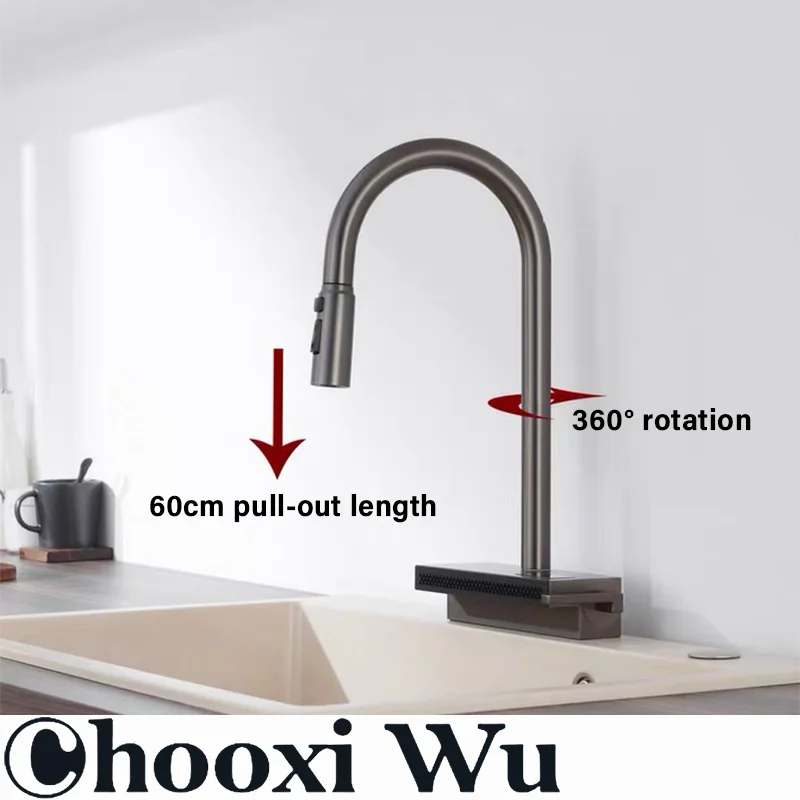 Stainless steel kitchen faucet digital display large single slot waterfall rain shower multifunctional kitchen faucet