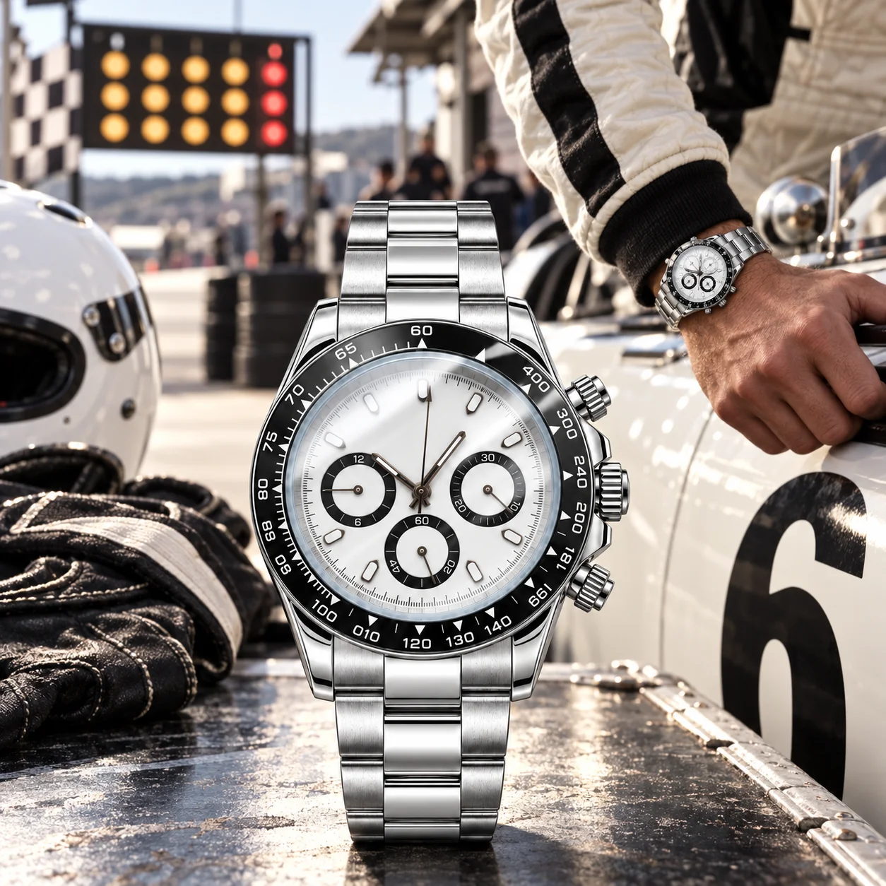 Men's 40mm Automatic Mechanical Chronograph Watch White Dial Three Subdials Tachymeter Bezel Steel Bracelet Sport Wristwatch