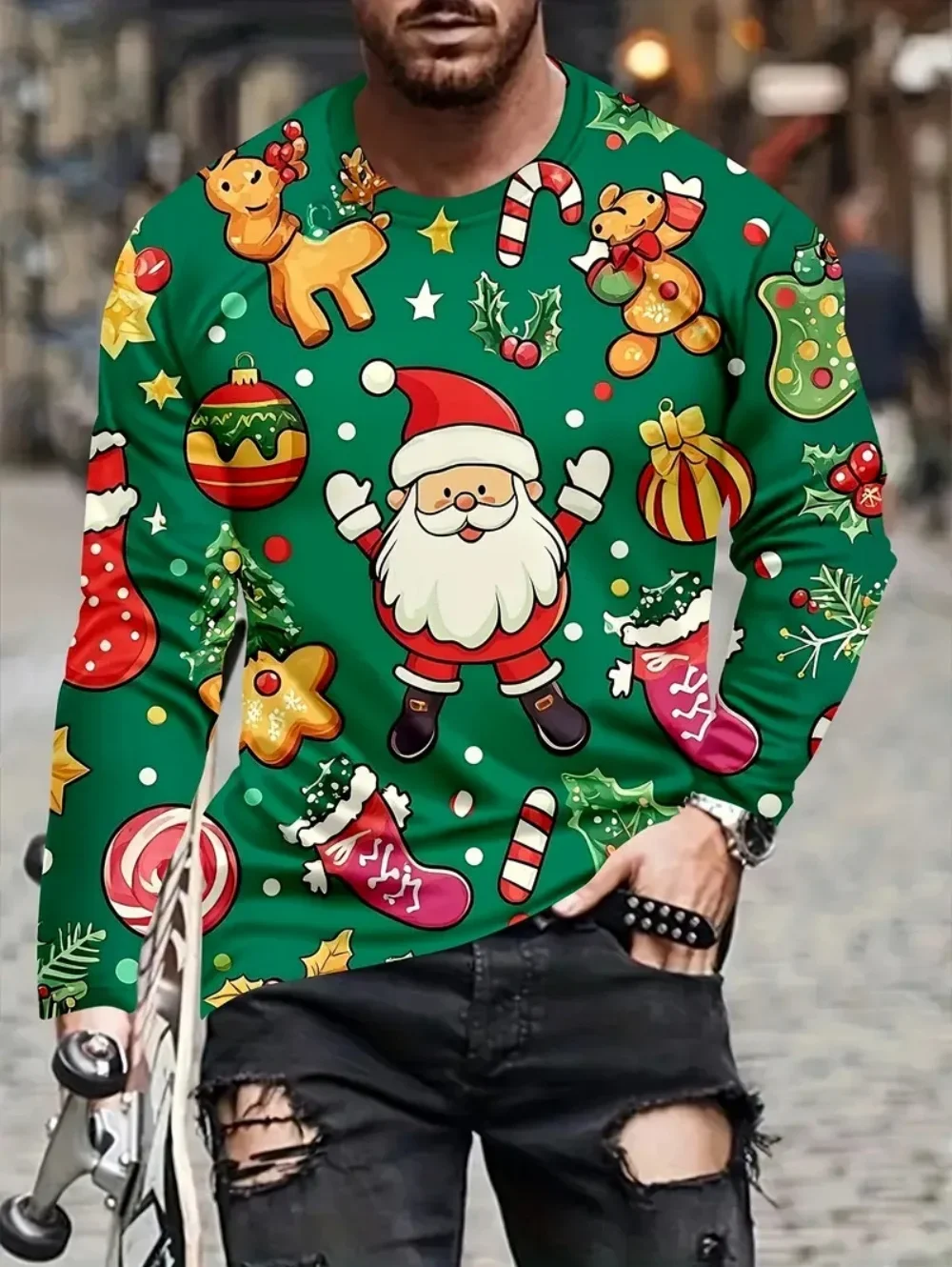 Men Christmas Long Sleeve T‑Shirt Santa Claus Elk Candy Cane Print Casual Crew Neck Fall Winter Holiday Party Tee Tops