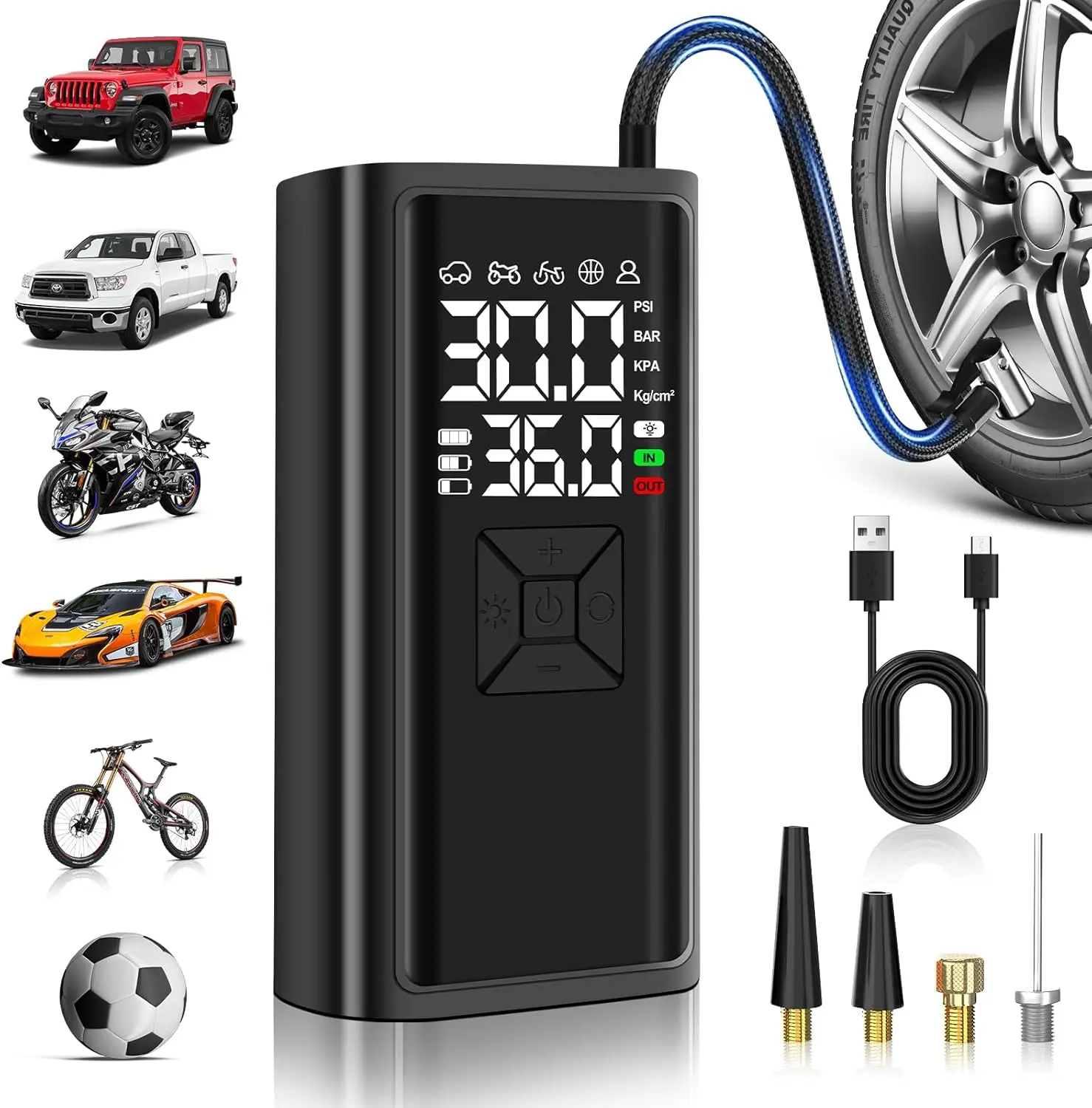 

Portable Tire Inflator 150 PSI Air Pump with Digital Display, LED Light & Auto Shut-Off for Car, Motorcycle, Bicycle