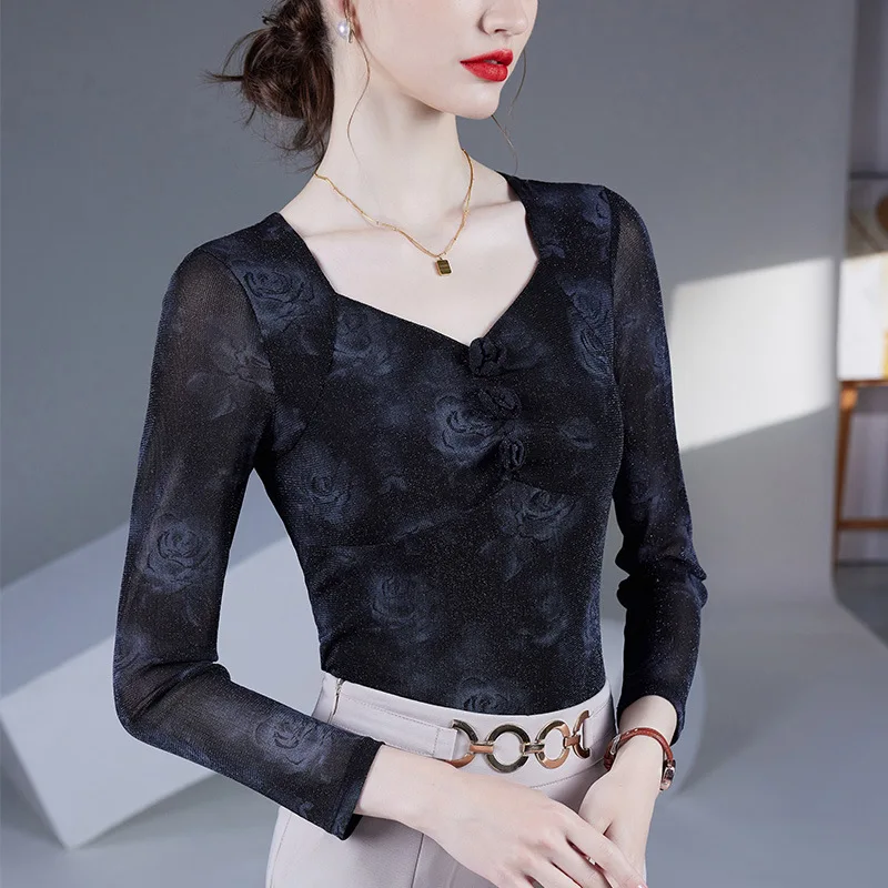M-4XL Autumn 2025 New Fashion Rose Print Women\'s Tops Elegant Slim High Stretch Square Collar Long Sleeved Mesh T-Shirt