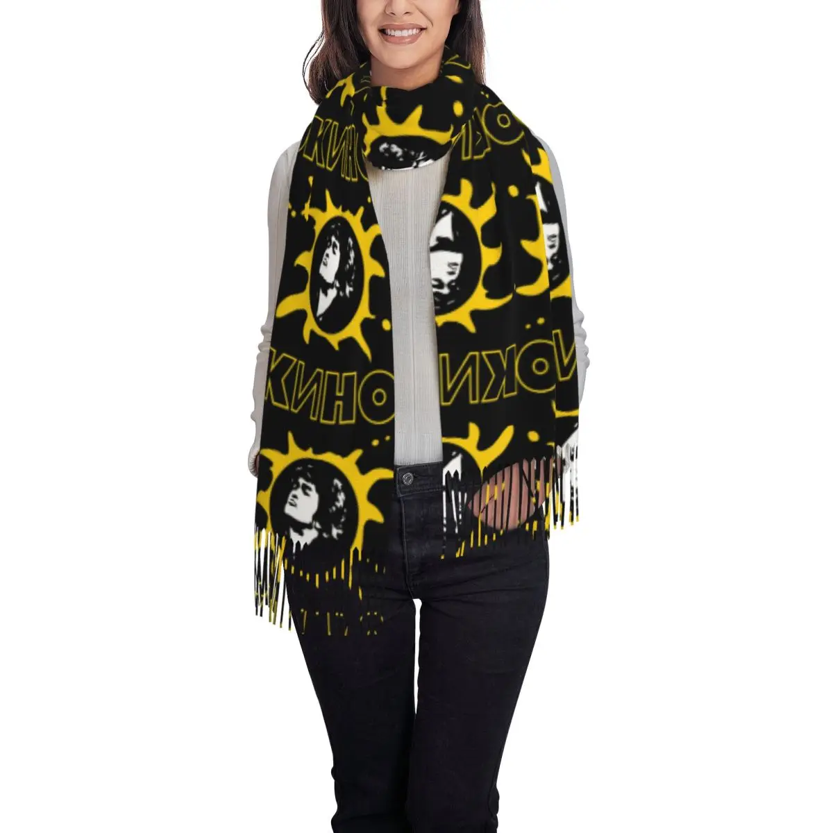 Viktor Tsoi Russia Music Rock Band Kino Scarf Tassel Scarves Women Soft Warm Shawls and Wraps Long Fall Winter Shawl Wrap