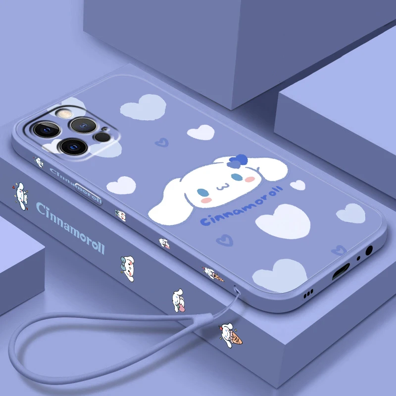 Cinnamoroll Sanrio Cartoon Liquid Left Rope For Apple iPhone 15 14 13 12 11 XS XR X 8 7 SE Pro Max Plus Mini Soft Phone Case