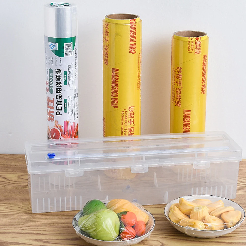 Plastic Food Wrap Dispenser with Slide Cutter Adjustable Cling Film Cutter Preservation Foil Storage Box with Suction Bottom