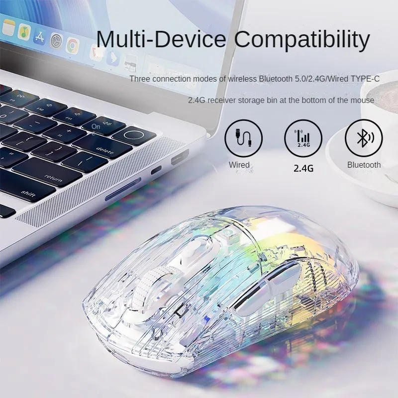 EWEADN Q8 Transparent Tri-Mode Cute Wireless Mouse Lightweight Mute with RGB Light Photoelectric Ergonomic Design E-sports Mouse