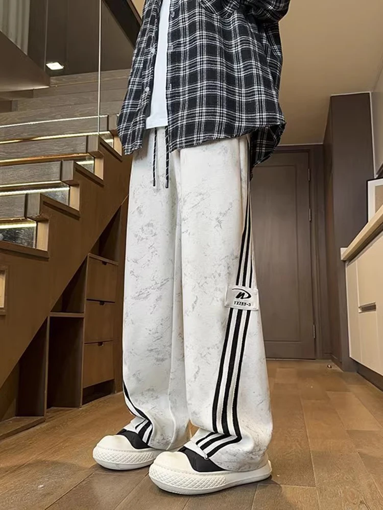 

Мужские широкие брюки в американском ретро-стиле с эффектом тай-дай, с высокой талией, прямого кроя, свободные, для весны и осени, новые, спортивные штаны