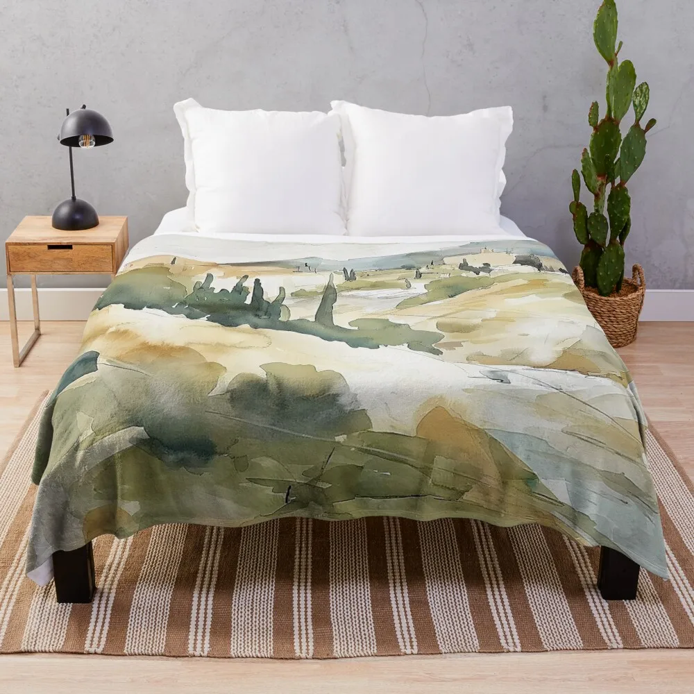 Grecian Horizon Watercolor Art - Abstract Mediterranean Vista Throw Blanket Softest Luxury Designer Blankets