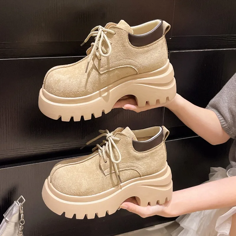 New Women Shoes Designer Large Head Platform Shoes Suede Casual Footwear Lace Up Platform Single Shoes British Style Short Boots