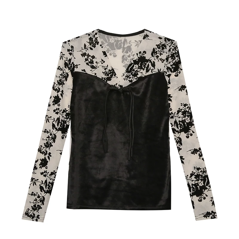 

2025, новинка, европейская, одежда, футболка, мода, сексуальная, винтажная, пуговица, V-образный вырез, пэчворк, женские, топы, длинный рукав, тонкие, универсальные, футболки, 510040