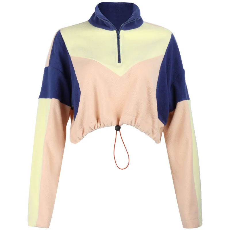 New Fashion Women Contrast Patchwork Short Sweatshirt Retro Women's Zipper Stand Collar Casual Girl Long Sleeve Winter Top