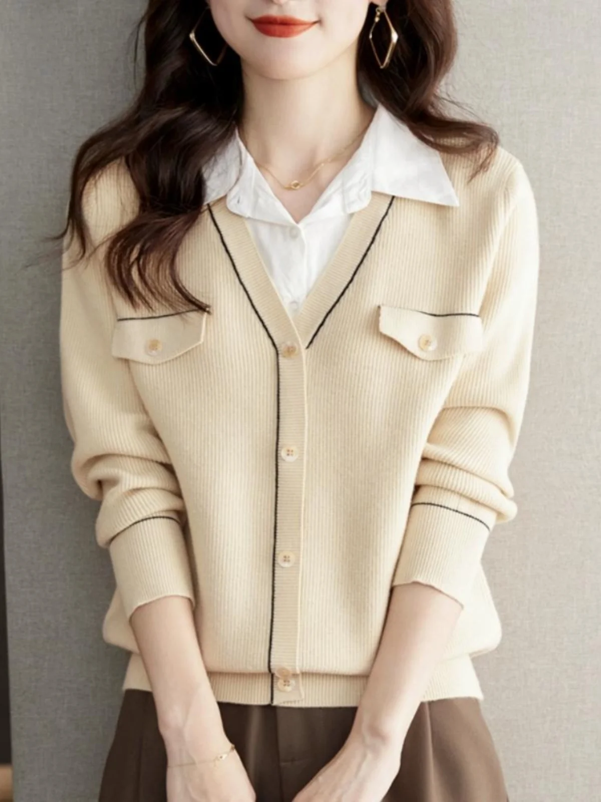 

Knitted Sweater irt Collar Base Layer Top Women's Faion Commute Sle Long Sve Regular Length Pure Color Button Closure