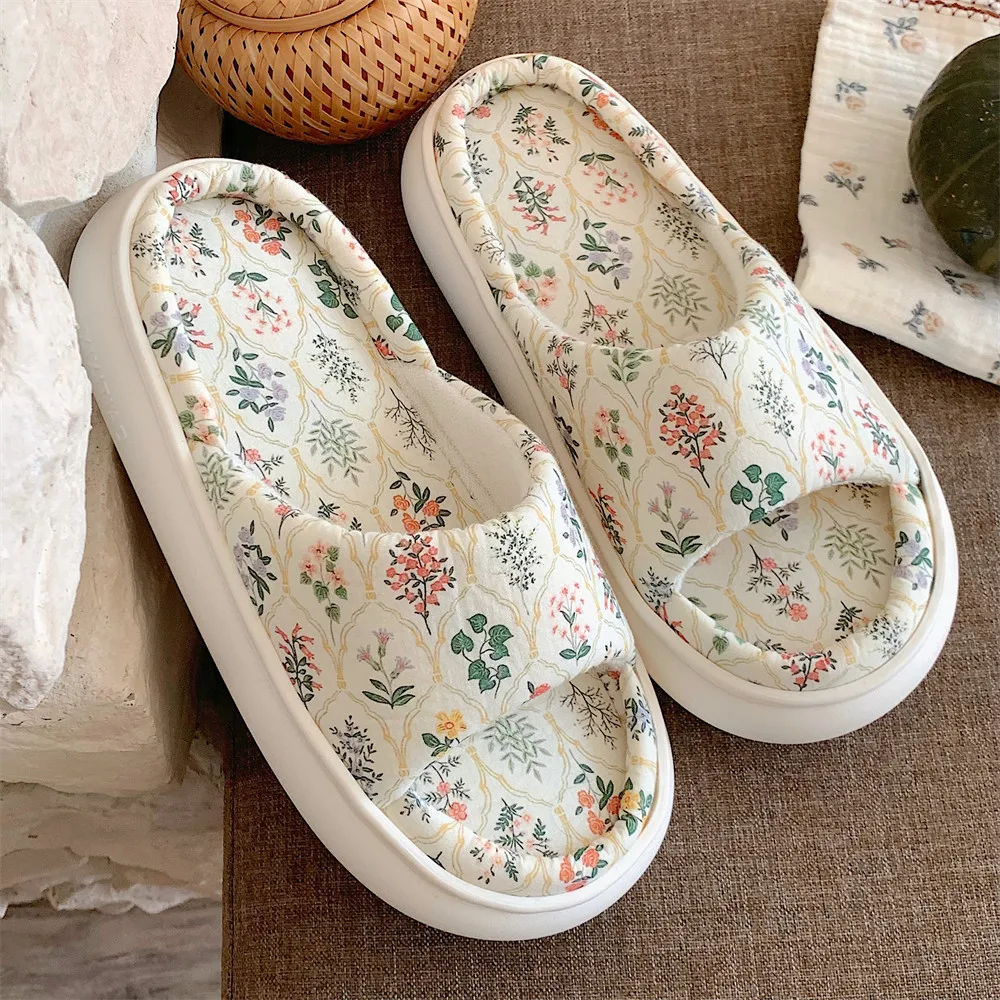 Summer House Slippers for Women with Floral Bow Linen Open Toe House Shoes Flax Indoor Slip On with Low Arch Support Rubber Sole