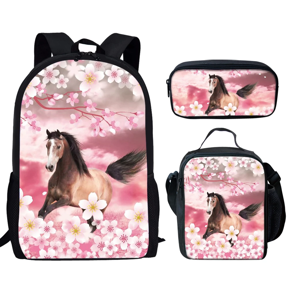 Running Wild Horse Pattern 3 Pcs School Bags Set for Teen Boys Girls School Bag Backpack Casual School Bag Lunch Bag Pencil Case