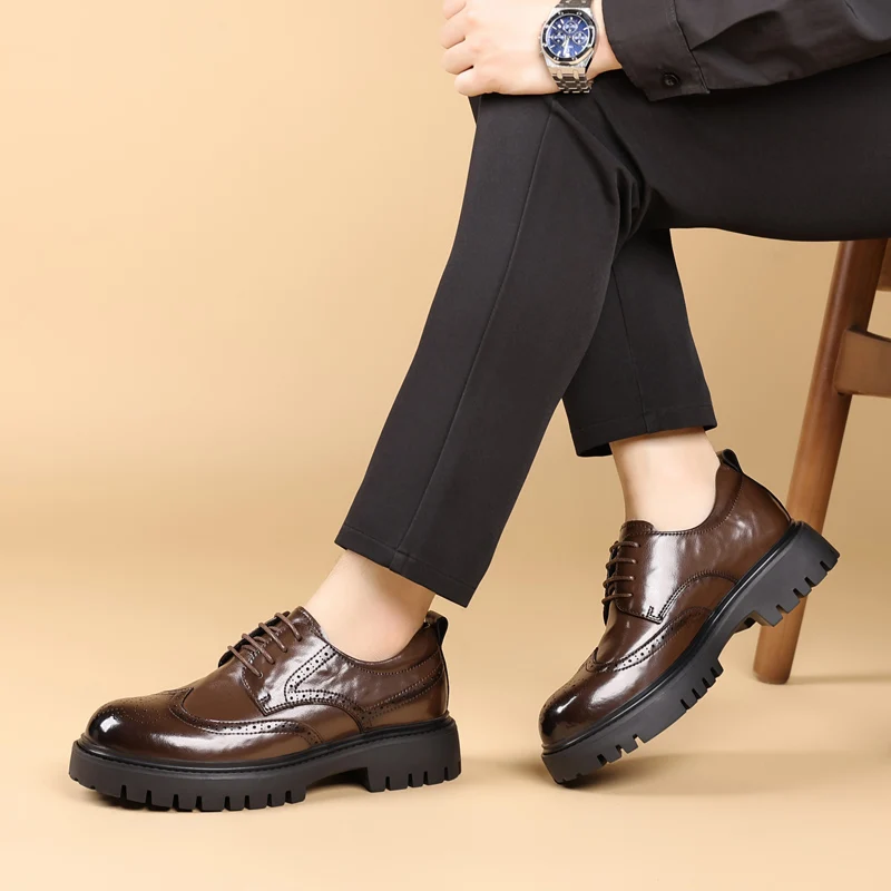 Men's casual leather shoes Leisure Gentleman British Luxury Style Work or party Black brown Thick soled height increasing shoes