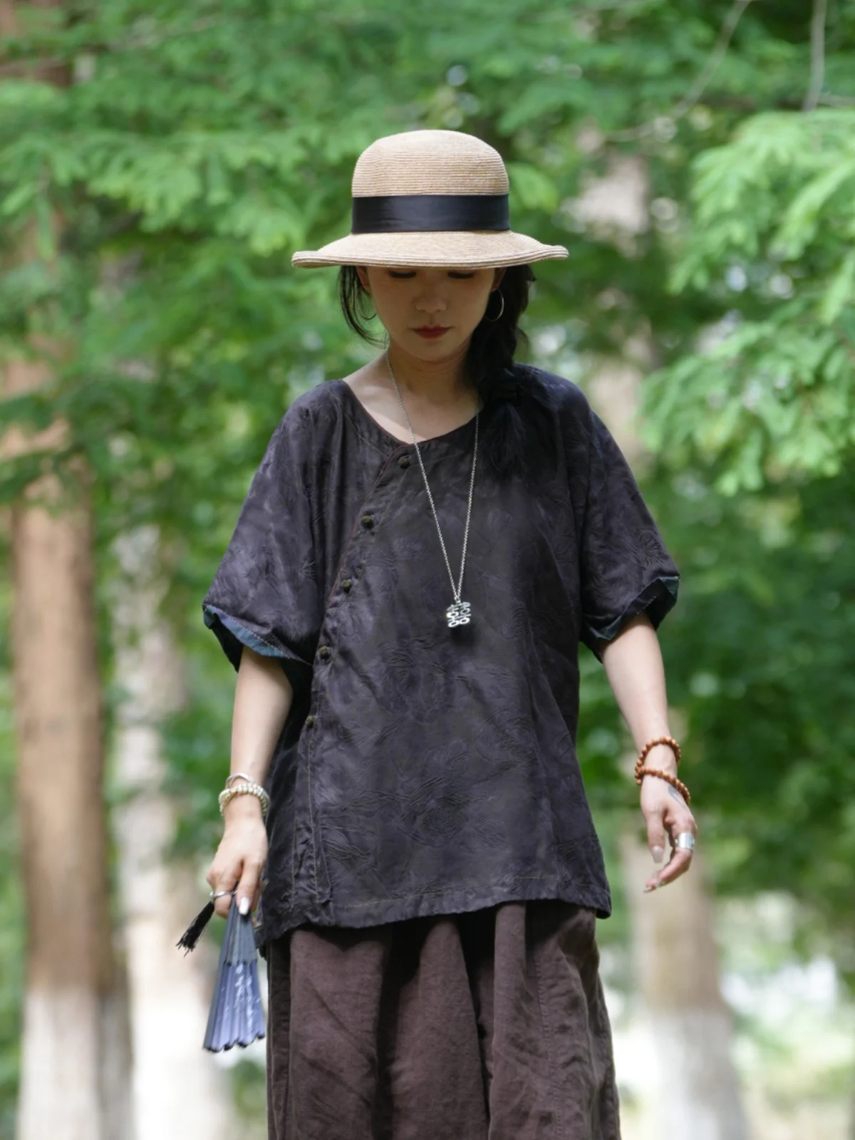 

Женская премиальная блузка PengPengHome из 9-слойного шелка с вышивкой, свободного кроя, с цветочным узором...