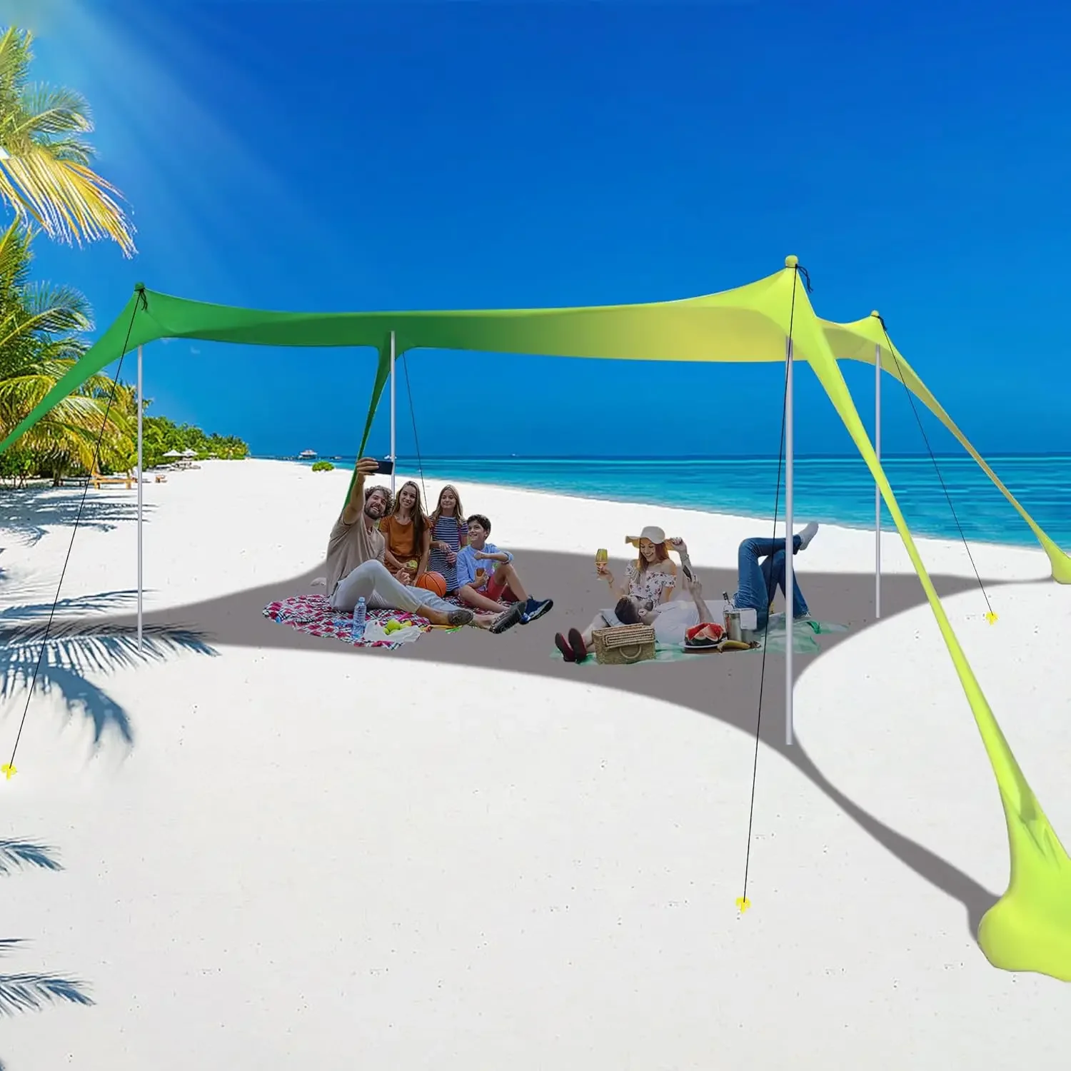 Family Beach Tent Canopy Sun Shade Pop Up Grande Beach Tent Sun Shelter Stability  Poles with Portable Carry Bag Outdoor Shade