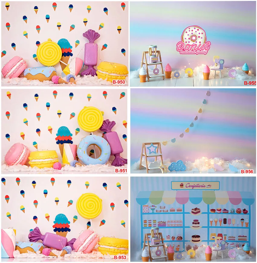 Ice Cream Dessert Backdrops Cake Smash Donuts Lollipop Candy Store Girls Kids Birthday Baby Portrait Cupcake Decor Backgrounds