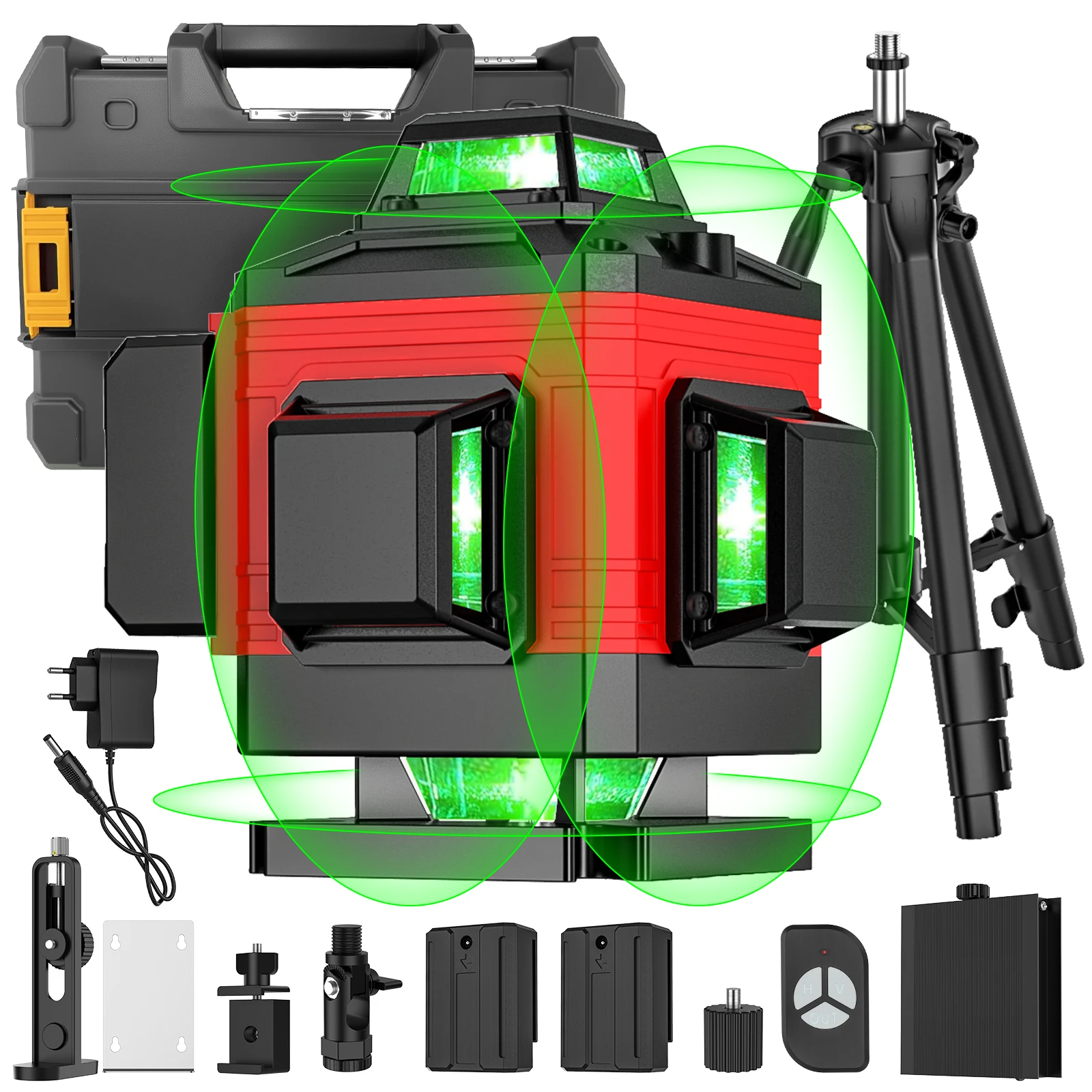 Poziomica laserowa 4D z 16 liniami, wyposażona w statyw, pilot zdalnego sterowania i funkcją samopoziomowania 360°. ° Poziomy i pionowy laserowy poziomica z zieloną wiązką laserową