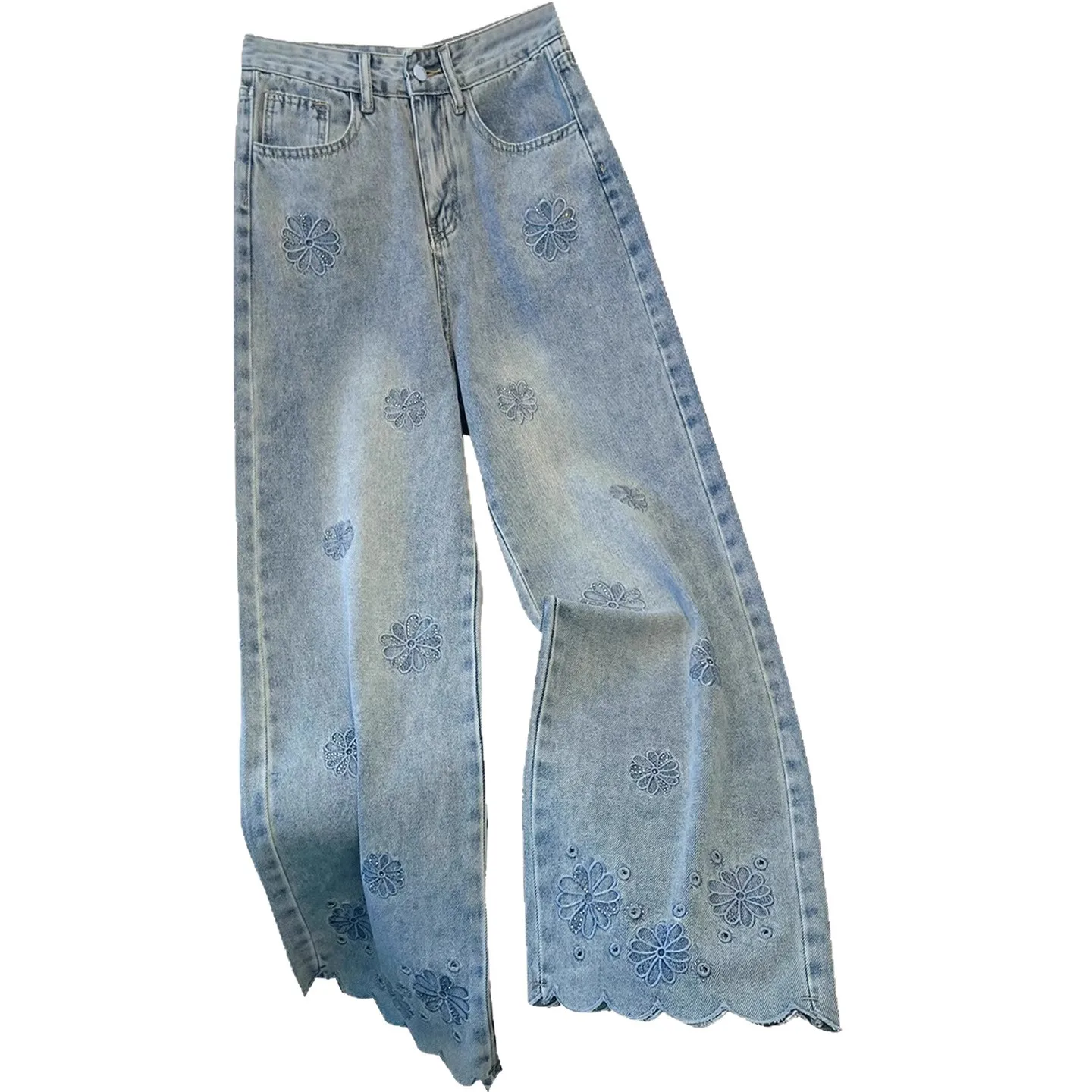 Damskie jeansy z szerokimi nogawkami, wzorzyste, streetwearowe, sprane, z wysokim stanem, proste spodnie z kieszeniami, vintage, długość do kostek, jesienne.