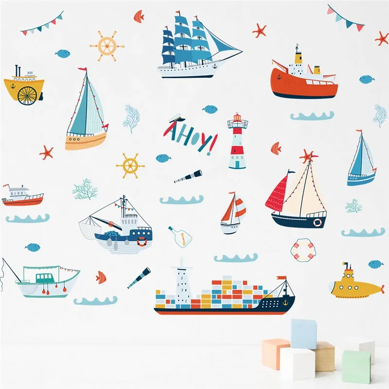 Sail Boat Cargo Ship Submarine Pattern Wall Sticker For Kids Room Bathroom Decoration Sea Mural Art Diy Home Decals Pvc Poster