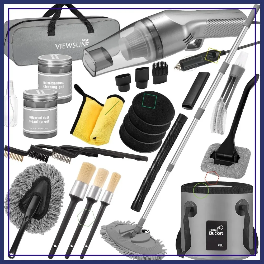 

21-Piece Car Cleaning Kit with Powerful Vacuum, Wash Mop, Bucket & Brushes for Complete Interior Exterior Care