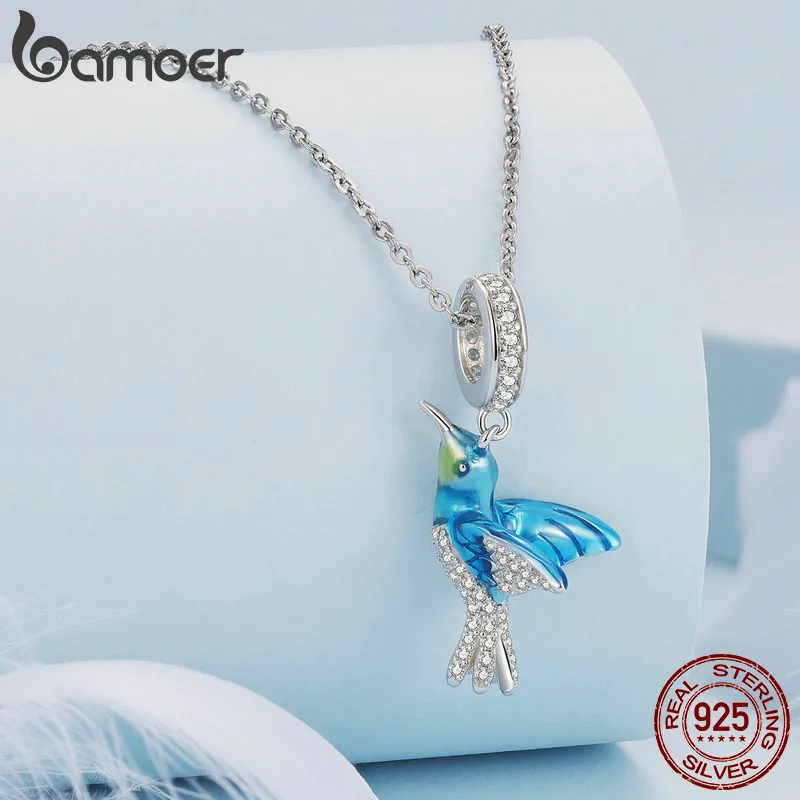 Bamoer 925 Sterling Silver Exquisite Green Enamel Bird Pendant Necklace Hummingbird Neck Chain for Women Fine Jewelry Gift