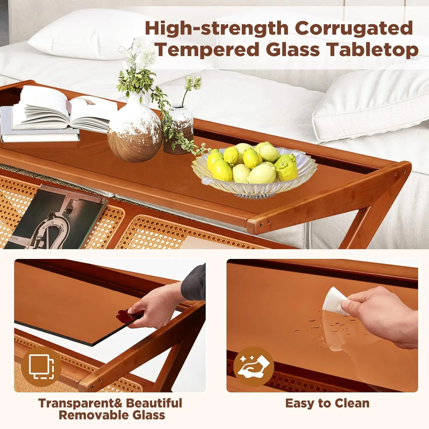 طاولة قهوة حديثة من منتصف القرن مقاس 47 بوصة مع سطح زجاجي، وطاولات بجانب السرير مصنوعة من الخيزران، وطاولة جانبية منضدة زجاجية وخشبية بوهو #5