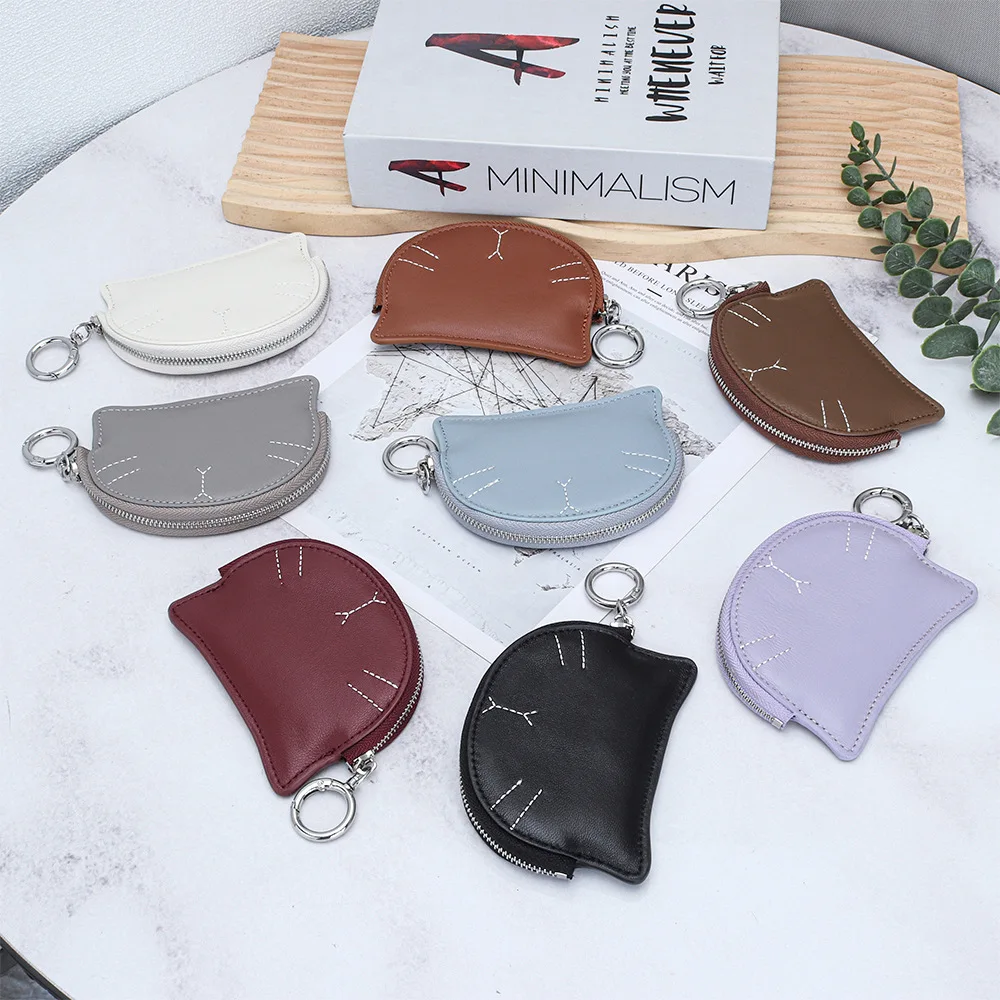 

Sheepskin Mini Coin Purses Cat Shape Lightweight Change Organizer Pouch Genuine Leather Hanging Buckle Storage Coin Holders